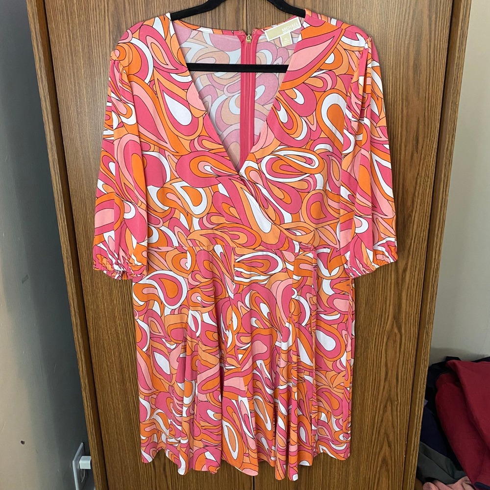 Michael Michael Kors Faux Wrap Dress Womens XL Pink Orange Psychedelic Swirl 60s